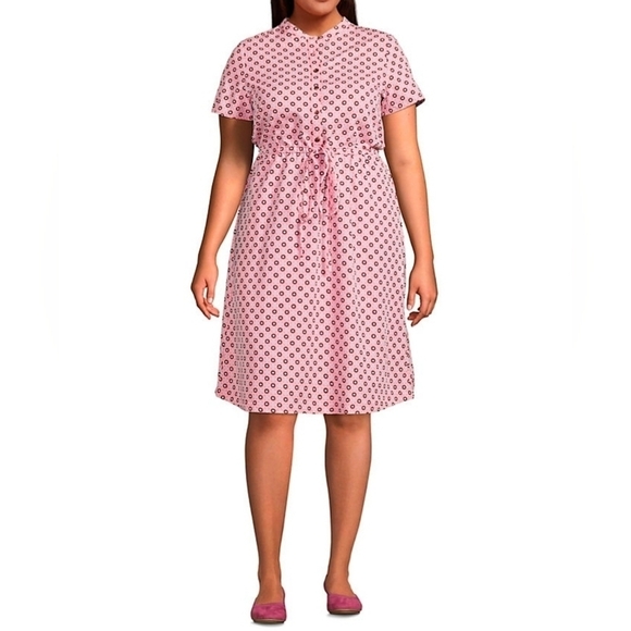 Lands' End Dresses & Skirts - Lands End Womens Rayon Short Sleeve Button-Down Dress, Drawstring Waist Red Blue